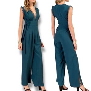 Francesca’s Teal Blue Mira Eyelash Lace Plunge Neckline Wide Leg Jumpsuit Sz XS